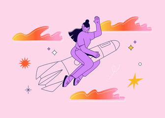 Young girl flying on the rocket in sky. Businesswoman aim for a goal. Launch and development of start ups. Hand drawn vector illustration isolated on purple background. Modern flat cartoon style.