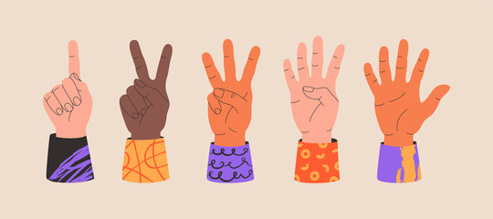 Set of gestures human hands various races, showing fingers to count from one to five. Colorful vector illustration isolated on light background. Hand drawn modern flat cartoon style.