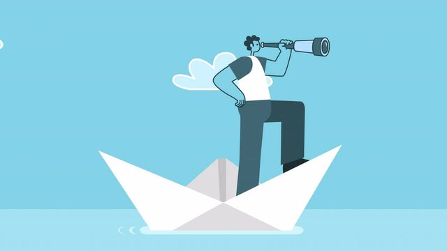 Cartoon man looking through a telescope of paper boat. Flat Design 2d Character Isolated Loop Animation with Alpha Channel