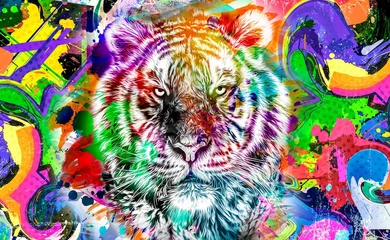 Deurstickers tijgerkop met creatieve kleurrijke abstracte elementen op lichte achtergrond © reznik_val