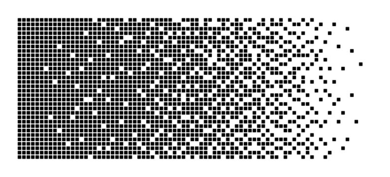 Pixel disintegration background. Decay effect. Dispersed dotted pattern. Concept of disintegration. Abstract pixel mosaic texture with simple square particles. Vector illustration on white background.
