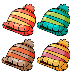 Children striped hat with pompom. Winter knitted clothes. Cartoon outline illustration
