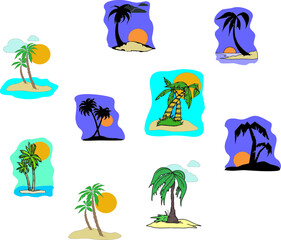 Set of tropical islands with palm trees, vector illustrations