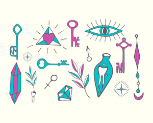 Set of hand drawn doodle Magic tarot. Vector illustration of magic, symbols of witchcraft. Elements of witchcraft concept potion crystal keys of mandrake. Vector illustration