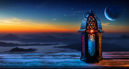Ornamental Arabic Lantern On Wooden Table, Ramadan Kareem Background
