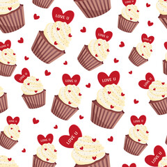 Cupcake seamless pattern for Valentine's Day. Background for gift boxes, wrapping paper, wallpapers, textiles, papers, fabrics, web pages
