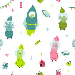 Vector children's seamless pattern on a space theme. Aliens, rocket, cupcake, balloons and so on.