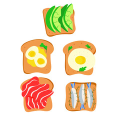 Tasty breakfast. Healthy food concept. Various toasts. Fried and steamed eggs, fish, salmon, avocado slices, butter, jam cream cheese.  Vector set