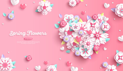 Banner with heart of white paper cut spring flowers for Mother's or Valentine's day design. Vector illustration.