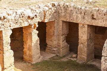 Ancient ruins of underground tomb in Tombs of the Kings. Paphos District, Cyprus.