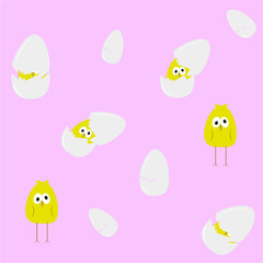 Delicate seamless pattern with cute yellow chickens in a cracked egg and eggshell on a pink background. baby fabric design.