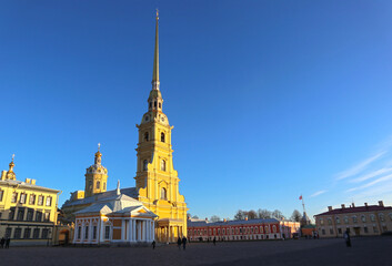 Fototapeta premium Orthodox Peter and Paul Cathedral in St. Petersburg in the Peter and Paul Fortress in St. Petersburg, Russia. Architectural monument in the Baroque style.