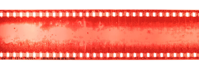 Color 35mm film negative photo, scratch film strip , Cinema filmstrip roll on white background. as a panorama.                         