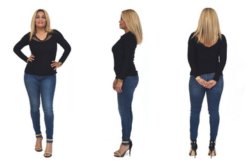 view of the same woman in profile, front and back view on white background