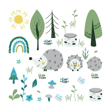 Vector cartoon cute set with trees, hedgehogs, mushrooms and so on. Good for childish design.