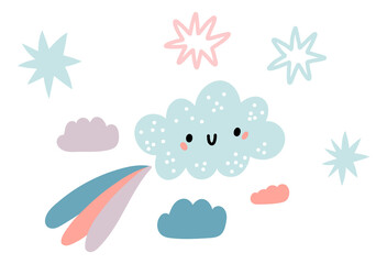 Happy cloud flying in sky. Cute smiling character in fun baby style