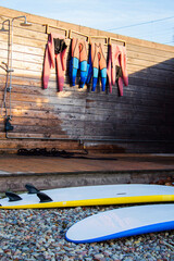 Windsurfing boards on the beach. Windsurfing and active lifestyle