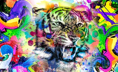 Foto op Canvas tijgerkop met creatieve kleurrijke abstracte elementen © reznik_val