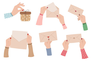 A set of hands holding envelopes and letters. Beautiful female hands with painted nails. Vector illustration