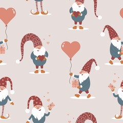 Seamless cute pattern with scandinavian gnomes. Happy Valentines day. Love. Vector illustration in trendy cartoon style. Nordic design for postcard, print, textile, wrapping paper, poster, wallpaper.