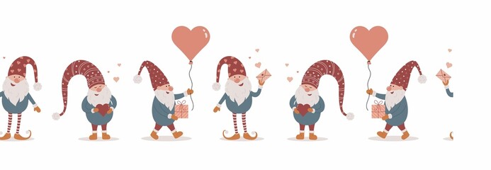 Seamless linear pattern with scandinavian gnomes. Happy Valentines day. Love. Vector illustration in trendy cartoon style. Nordic design for postcard, print, textile, wrapping paper, poster, wallpaper