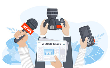 Journalism. Camera and photos. Mass media, television, interview, breaking news, press conference concept. Flat vector - obrazy, fototapety, plakaty