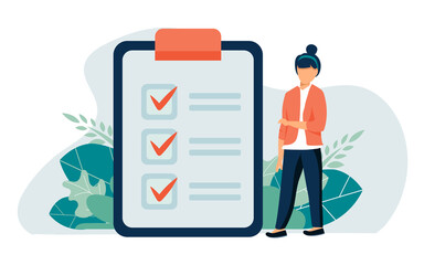 Tiny businesswoman checking completed tasks on clipboard flat vector illustration. Cartoon woman writing survey or test with pencil. Success and business achievement concept
