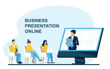 Businesswomen listening to presentation online. Screen, company, laptop flat vector illustration. Business meeting and communication concept for banner, website design or landing web page
