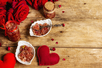 Rose petal jam with romantic decoration