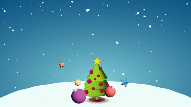Animation of Christmas tree illustration popping in. Standing on snow with a dark blue background with snow falling down. Footage. 
