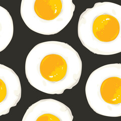 Morning breakfast seamless pattern with appetizing fried eggs on a black backdrop. Vector background with scrambled eggs in cartoon style. Suitable for wallpaper, wrapping paper or fabric design