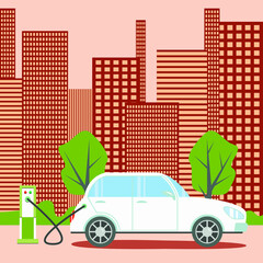 Vector graphics - a white electric car stands at a charging station against the background of tall multi-storey buildings and green trees. Concept - modern ecological technologies