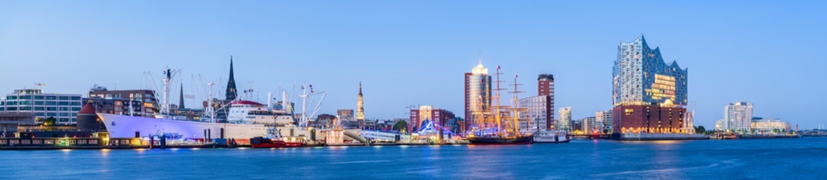 Elbphilharmonie concert hall and Port of Hamburg as background panorama