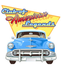 American retro cars. Poster with a legendary car from the 50's. Vintage automotive vector illustration.