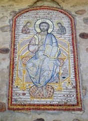Mosaic icon of Jesus Christ the Almighty on the wall of St. Nicholas Church. Kaliningrad