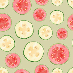 Seamless tropical fruit pattern with watercolor feijoa and guava slices. Food background	