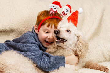 Fototapeta premium Boy hugs a dog celebrating new year, christmas. Interaction, friendship between a child and a dog.