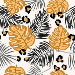 Seamless tropical pattern with exotic leaves and leopard print. Vector background.	