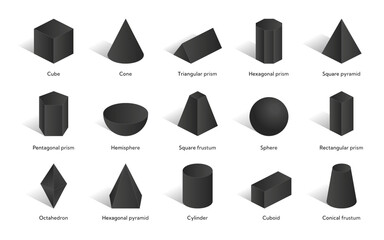 Collection of geometrical shapes. Volumetric basic geometric shapes. Black and white isometric 3d illustration isolated on white background. Vector design.