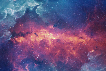 Deep space background. Interstellar red and blue cloud of dust and gas. Space background with nebula and stars.
