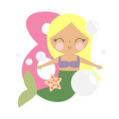 Mermaid Party Invitation Card Template, Birthday Party in Mermaid Style Celebration, Greeting Card. Kids illustration with cute mermaid and number eight. Illustration in cartoon style. Vector.