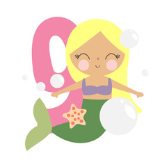 Mermaid Party Invitation Card Template, Birthday Party in Mermaid Style Celebration, Greeting Card. Kids illustration with cute mermaid and number nine. Illustration in cartoon style. Vector.