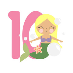 Mermaid Party Invitation Card Template, Birthday Party in Mermaid Style Celebration, Greeting Card. Kids illustration with cute mermaid and number ten. Illustration in cartoon style. Vector.