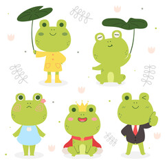 Obraz premium Set of happy cute frog wearing different costumes cartoon in flat design