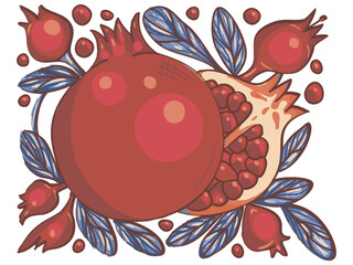 Armenian pomegranate fruit. Colorful pomegranate fruits and flowers and seeds. Armenian national symbol in Armenia, Yerevan and Mount Ararat