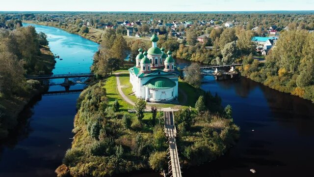 Aerial view of the Orthodox Church located on the tiny island in the town of Olonets in Russia