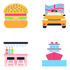 Pack of Food and Transport Flat Icons

