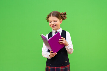 the schoolgirl reads and studies the school curriculum from the textbook with interest. a student with pigtails on an isolated background. copy space. a girl with a book and pigtails.