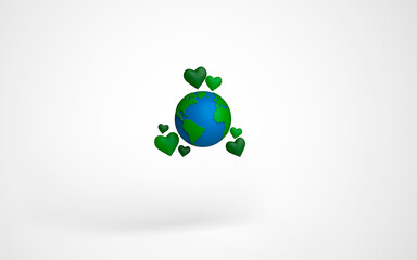 Global recycling. Earth model with Green hearts around. 3d rendering