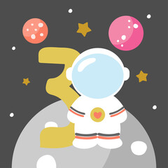 Space Party Invitation Card Template, Birthday Party in Cosmic Style Celebration, Greeting Card, Flyer Cartoon Vector. Kids illustration with planets, cosmonaut and number three.
